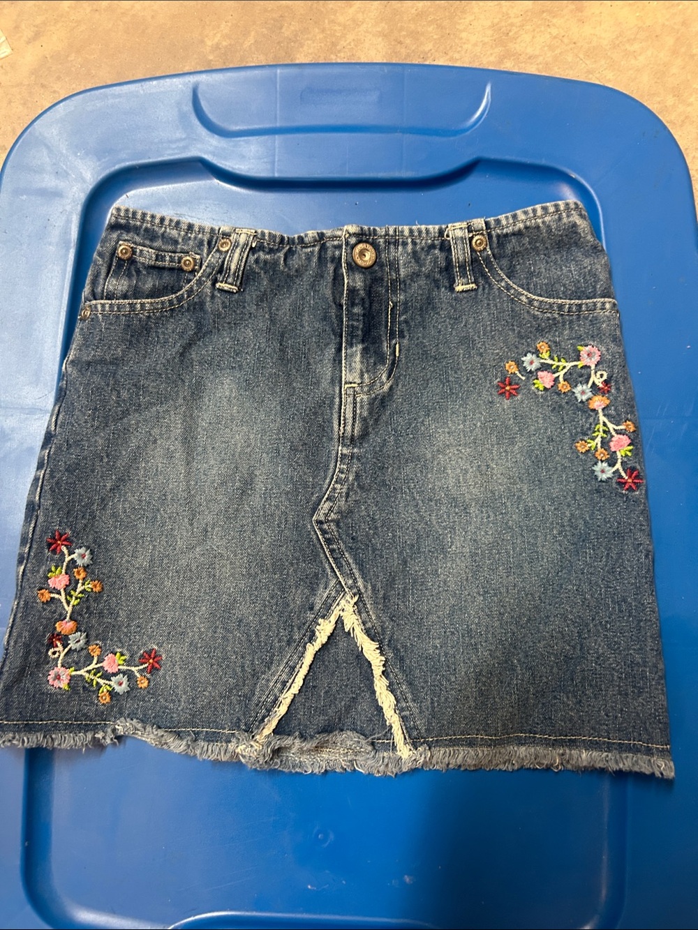 Vintage Faded Glory Blue Denim Embroidered Floral Skirt girls 7/8 read